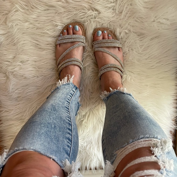 Square Toe Rhinestone Criss Cross Strap Sandals - Picture 8 of 16